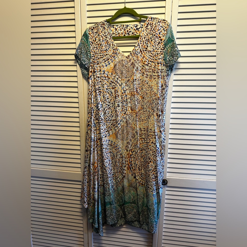 Niche Short Sleeve Colorful Asymmetrical Midi Dress. PTP 19”